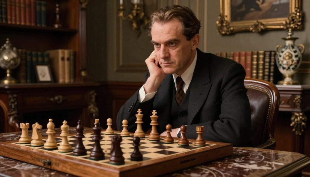 Alexander Alekhine seated confidently at a classic wooden chess board, showcasing a thoughtful expression as he analyzes a complex position. In the foreground, polished chess pieces stand in stark contrast to an elaborate marbled surface. The middle ground features dramatic lighting that highlights Alekhine's sharp features, with a subtle play of shadows adding depth. In the background, an ornate Victorian-style room filled with books and vintage chess memorabilia creates an atmosphere of intellectual dominance and history. The image captures a moment of intensity and strategic brilliance, reflecting his era as World Champion. The composition should evoke a sense of admiration and respect, with a warm color palette and soft focus to enhance the mood. Featuring the logo "Debsie.com" discreetly on the chessboard.