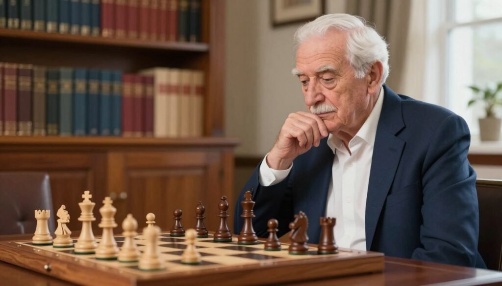 An elderly male chess player, with a wise expression, ponders over a wooden chessboard in a cozy room filled with natural light. He wears a tailored navy blazer and a crisp white shirt, symbolizing professionalism and experience. In the foreground, focus on his hand poised above a knight piece, reflecting strategic thinking. In the middle, the chessboard is beautifully crafted, showcasing a mid-game battle with polished pieces, hinting at intense competition. The background features bookshelves filled with chess literature, reinforcing the culture of longevity and tradition in the game. Soft shadows and warm lighting create an inviting atmosphere that emphasizes wisdom and patience. This image captures the essence of veteran chess players competing with experience as a competitive advantage. Designed for Debsie.com. An elderly male chess player, with a wise expression, ponders over a wooden chessboard in a cozy room filled with natural light. He wears a tailored navy blazer and a crisp white shirt, symbolizing professionalism and experience. In the foreground, focus on his hand poised above a knight piece, reflecting strategic thinking. In the middle, the chessboard is beautifully crafted, showcasing a mid-game battle with polished pieces, hinting at intense competition. The background features bookshelves filled with chess literature, reinforcing the culture of longevity and tradition in the game. Soft shadows and warm lighting create an inviting atmosphere that emphasizes wisdom and patience. This image captures the essence of veteran chess players competing with experience as a competitive advantage. Designed for Debsie.com.