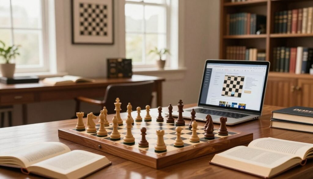 An elegant and inviting scene of a well-organized chess study setup, showcasing a sophisticated wooden chessboard with classic pieces in a thoughtful mid-game position in the foreground. Surrounding the board are a few open chess books and a laptop displaying online chess platforms, reflecting a blend of traditional and modern approaches to chess study. The middle ground features a sleek, mahogany desk against a soft-lit room adorned with chess-themed artwork and bookshelves filled with chess literature. In the background, large windows allow the warm glow of natural light to illuminate the space, creating a cozy and focused atmosphere perfect for studying elite games. Capture this in a crisp, high-resolution image to evoke a mood of intellectual exploration. Include the branding "Debsie.com" subtly integrated into the scene, ensuring a professional aesthetic. An elegant and inviting scene of a well-organized chess study setup, showcasing a sophisticated wooden chessboard with classic pieces in a thoughtful mid-game position in the foreground. Surrounding the board are a few open chess books and a laptop displaying online chess platforms, reflecting a blend of traditional and modern approaches to chess study. The middle ground features a sleek, mahogany desk against a soft-lit room adorned with chess-themed artwork and bookshelves filled with chess literature. In the background, large windows allow the warm glow of natural light to illuminate the space, creating a cozy and focused atmosphere perfect for studying elite games. Capture this in a crisp, high-resolution image to evoke a mood of intellectual exploration. Include the branding "Debsie.com" subtly integrated into the scene, ensuring a professional aesthetic.