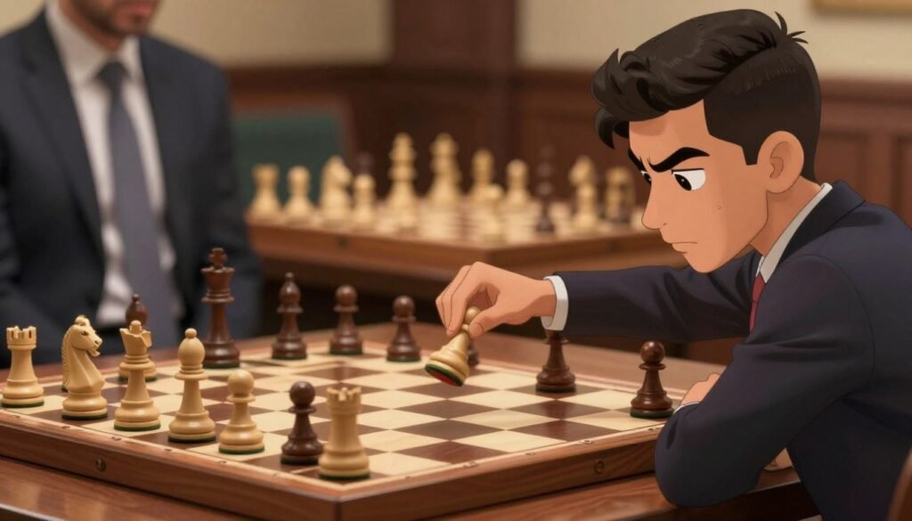 An elegant chess board set up with dynamic pieces in action, reflecting Alireza Firouzja's strategic style. In the foreground, a close-up of a knight and bishop poised for an aggressive opening, conveying initiative and excitement. The middle section showcases a blurred opponent's pieces, symbolizing the competition, while the background features a classic wooden chess table illuminated by soft, warm lighting, evoking a professional atmosphere. The scene captures the intensity of a chess match with a sense of calm focus and determination. The overall mood is one of intellectual engagement and strategy. This composition aims for clarity and professionalism, aligning with the themes of sharp chess strategy. Artwork by Debsie.com.