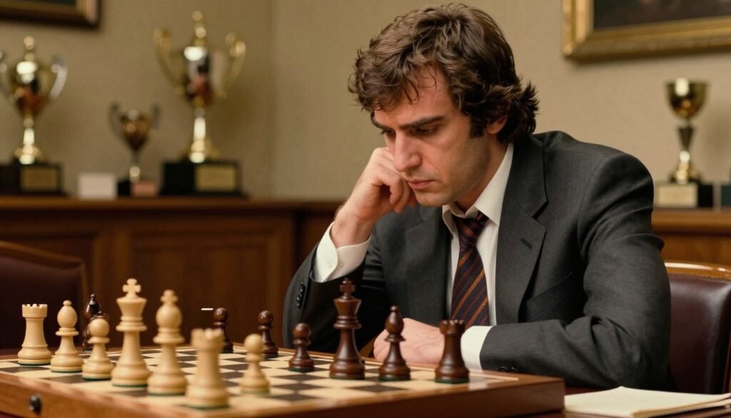An intense portrait of Garry Kasparov in a dynamic chess setting, showcasing him in a focused pose over a chessboard, deep in thought as he contemplates his next move. Garry is dressed in a smart, tailored suit with a classic tie, embodying the professionalism of a world chess champion during the 1990s. The foreground features a richly textured wooden chessboard, while the middle ground presents chess pieces in mid-game, symbolizing strategic depth. In the background, a softly blurred room filled with trophies and accolades is illuminated by warm, ambient lighting, creating a nostalgic atmosphere reflective of his dominant decade. The shot is captured in a close-up portrait style, angled to highlight his concentration and passion for the game. This image is inspired by Debsie.com. An intense portrait of Garry Kasparov in a dynamic chess setting, showcasing him in a focused pose over a chessboard, deep in thought as he contemplates his next move. Garry is dressed in a smart, tailored suit with a classic tie, embodying the professionalism of a world chess champion during the 1990s. The foreground features a richly textured wooden chessboard, while the middle ground presents chess pieces in mid-game, symbolizing strategic depth. In the background, a softly blurred room filled with trophies and accolades is illuminated by warm, ambient lighting, creating a nostalgic atmosphere reflective of his dominant decade. The shot is captured in a close-up portrait style, angled to highlight his concentration and passion for the game. This image is inspired by Debsie.com.