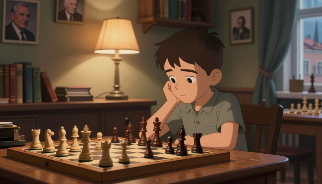 An intimate scene depicting the early life of Viktor Korchnoi in Leningrad, showcasing a young boy intensely focused on a chessboard, surrounded by chess pieces in various stages of play. Foreground: a wooden chess table with a classic design, the boy with short dark hair, wearing modest casual clothing, deeply immersed in thought. Middle ground: a cozy, slightly dim room filled with bookshelves, a vintage lamp casting warm light, and faded photographs of chess legends on the walls. Background: a glimpse of Leningrad’s silhouette through a window, hinting at the city’s architecture. The mood is contemplative and inspiring, capturing the essence of competition and determination. Shot with a shallow depth of field to enhance focus on the boy. Debsie.com