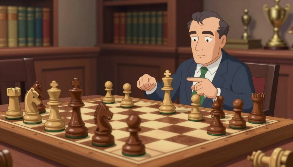 An intricate chess position showcasing a mid-game state, emphasizing strategic depth and critical thinking, reflecting Mikhail Botvinnik's playing style. The foreground features a well-worn wooden chessboard with classic, polished wooden pieces, some captured pieces set aside. In the middle, various chess pieces are strategically placed, highlighting potential tactical moves with a subtle glint. The background softly blurs to reveal a dimly lit room with shelves adorned with chess books and trophies, evoking a sense of history and knowledge. Warm lighting casts soft shadows, creating an inviting yet serious atmosphere that inspires focus. The image embodies the essence of iron logic in each position and move, with a clean, professional aesthetic. Debsie.com. An intricate chess position showcasing a mid-game state, emphasizing strategic depth and critical thinking, reflecting Mikhail Botvinnik's playing style. The foreground features a well-worn wooden chessboard with classic, polished wooden pieces, some captured pieces set aside. In the middle, various chess pieces are strategically placed, highlighting potential tactical moves with a subtle glint. The background softly blurs to reveal a dimly lit room with shelves adorned with chess books and trophies, evoking a sense of history and knowledge. Warm lighting casts soft shadows, creating an inviting yet serious atmosphere that inspires focus. The image embodies the essence of iron logic in each position and move, with a clean, professional aesthetic. Debsie.com.