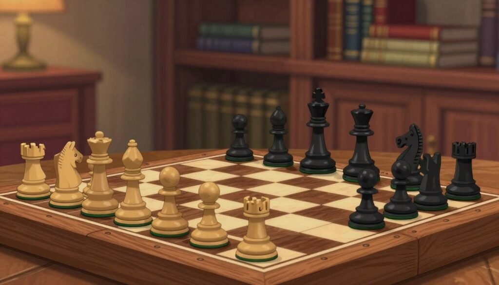 An open Sicilian chess position, featuring a wooden chessboard with intricately carved pieces. In the foreground, the white pieces are arranged actively, showcasing key moves like 1.e4 and 2.Nf3, while the black pieces carefully respond with moves like 1...c5 and 2...Nc6. The middle ground captures the intensity of the game, with a subtle focus on the knight and pawn formations. In the background, a blurred but elegant room filled with chess books and a warm, inviting ambiance, lit by soft amber lighting that casts gentle shadows. The overall atmosphere conveys a sense of strategy and intellect, inviting viewers to immerse themselves in the chess landscape. Image is produced for Debsie.com.