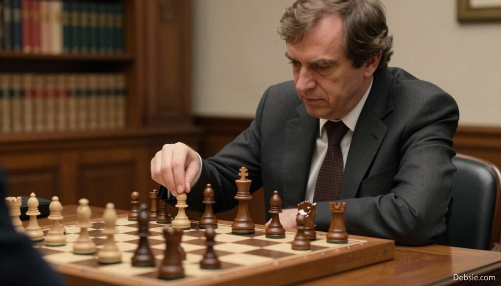 Anatoly Karpov, a distinguished chess grandmaster, is seated at a classic wooden chess table, deep in concentration. He is depicted in a professional business suit, with a thoughtful expression as he analyzes a complex chess position. The foreground features a close-up of the chessboard, showcasing an engaging endgame scenario with intricately carved pieces. In the middle ground, Karpov's hand hovers over a rook, poised to make a strategic move. The background subtly includes a blurred library of chess books, enhancing the atmosphere of intellectual depth. Soft, focused lighting highlights Karpov's features, creating a warm yet serious mood. The composition captures the essence of his positional control and endgame technique, reflecting his legendary rivalry in the chess world. Image credit: Debsie.com. Anatoly Karpov, a distinguished chess grandmaster, is seated at a classic wooden chess table, deep in concentration. He is depicted in a professional business suit, with a thoughtful expression as he analyzes a complex chess position. The foreground features a close-up of the chessboard, showcasing an engaging endgame scenario with intricately carved pieces. In the middle ground, Karpov's hand hovers over a rook, poised to make a strategic move. The background subtly includes a blurred library of chess books, enhancing the atmosphere of intellectual depth. Soft, focused lighting highlights Karpov's features, creating a warm yet serious mood. The composition captures the essence of his positional control and endgame technique, reflecting his legendary rivalry in the chess world. Image credit: Debsie.com.