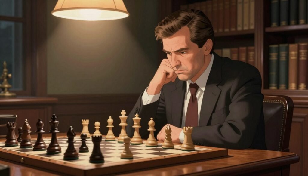 Anatoly Karpov seated at a classic wooden chess table, intensely focused on a chessboard filled with elegant pieces in mid-game. He is depicted in a professional suit, with neatly combed hair, showcasing a serious yet contemplative expression. The foreground highlights the chess pieces, with soft, diffused lighting casting gentle shadows. In the middle ground, Karpov is illuminated by warm, ambient light from an overhead lamp, creating a classic, scholarly atmosphere. The background features a dimly lit room filled with bookshelves, emphasizing a timeless and intellectual setting. The mood reflects concentration and determination, capturing the essence of a great chess strategist. The image has a high-resolution finish, with a shallow depth of field to focus on Karpov and the chessboard. Visual style inspired by traditional portraiture. Image by Debsie.com. Anatoly Karpov seated at a classic wooden chess table, intensely focused on a chessboard filled with elegant pieces in mid-game. He is depicted in a professional suit, with neatly combed hair, showcasing a serious yet contemplative expression. The foreground highlights the chess pieces, with soft, diffused lighting casting gentle shadows. In the middle ground, Karpov is illuminated by warm, ambient light from an overhead lamp, creating a classic, scholarly atmosphere. The background features a dimly lit room filled with bookshelves, emphasizing a timeless and intellectual setting. The mood reflects concentration and determination, capturing the essence of a great chess strategist. The image has a high-resolution finish, with a shallow depth of field to focus on Karpov and the chessboard. Visual style inspired by traditional portraiture. Image by Debsie.com.