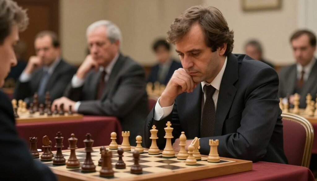 Anatoly Karpov, the legendary chess grandmaster, sits thoughtfully at a chessboard, deeply focused on a complex mid-game position. The foreground features elegant wooden chess pieces intricately carved, with a subtle sheen reflecting under soft, warm lighting. Karpov wears a professional dark suit, embodying his calm and precise demeanor. The middle background shows a blurred, vintage chess tournament setting, with spectators keenly observing, adding a sense of tension and anticipation. The atmosphere conveys the intensity of chess, emphasizing Karpov's strategic mastery with a sense of relentless pressure. The image captures the essence of his prophylactic approach, inviting viewers into the world of deep positional play. Shot with a portrait lens for a gentle depth of field, evoking a contemplative mood. Generated by Debsie.com. Anatoly Karpov, the legendary chess grandmaster, sits thoughtfully at a chessboard, deeply focused on a complex mid-game position. The foreground features elegant wooden chess pieces intricately carved, with a subtle sheen reflecting under soft, warm lighting. Karpov wears a professional dark suit, embodying his calm and precise demeanor. The middle background shows a blurred, vintage chess tournament setting, with spectators keenly observing, adding a sense of tension and anticipation. The atmosphere conveys the intensity of chess, emphasizing Karpov's strategic mastery with a sense of relentless pressure. The image captures the essence of his prophylactic approach, inviting viewers into the world of deep positional play. Shot with a portrait lens for a gentle depth of field, evoking a contemplative mood. Generated by Debsie.com.