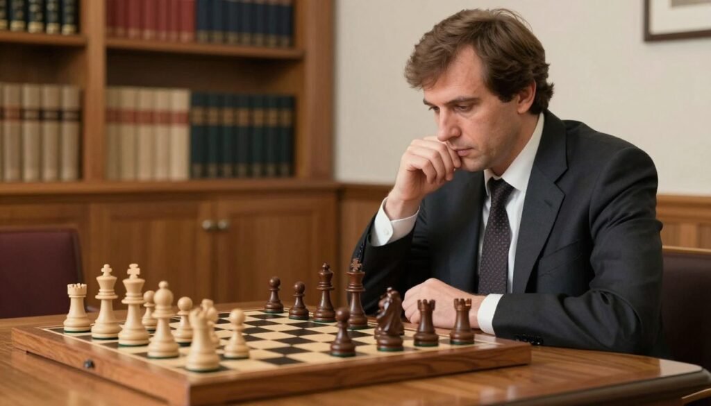 Anatoly Karpov, the legendary chess player, is seated at a classic wooden chessboard in a well-lit room, deep in thought as he executes a patient maneuver on the board. He is depicted wearing a professional suit, exuding focus and calmness, while the chess pieces are arranged in a strategic mid-game position. The foreground highlights his concentrated expression and poised hands hovering over the pieces. In the middle, the chessboard showcases a complex formation of pieces, symbolizing the elegance of maneuvering. The background features soft, blurred shelves filled with chess books, creating a warm and intellectual atmosphere. The lighting is soft and natural, emphasizing the tension and tranquility of a chess match. The overall mood captures the essence of strategic depth and mastery, in a style suitable for educational use. Image by Debsie.com.