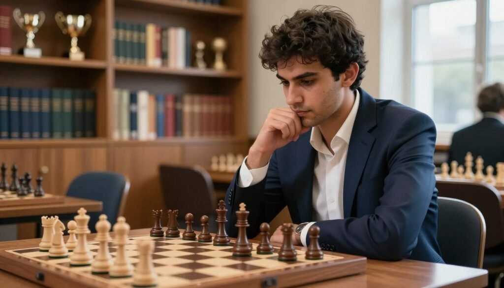 Anish Giri, a distinguished Dutch chess grandmaster, sits thoughtfully at a well-worn chess table in a cozy, warmly lit chess club. He is dressed in a sharp navy suit and white shirt, exuding professionalism and composure. The foreground features a close-up of his focused expression as he studies the chessboard, his hand poised thoughtfully above a pawn. In the middle ground, the chess pieces are meticulously arranged, symbolizing strategy and intellect. The background showcases shelves filled with chess books and trophies, creating an atmosphere of dedication and achievement. Soft, natural lighting from a nearby window casts gentle shadows, enhancing the thoughtful mood. This image should convey the essence of focus and determination in the world of competitive chess, embodying the steady hand of a master. Created for Debsie.com. Anish Giri, a distinguished Dutch chess grandmaster, sits thoughtfully at a well-worn chess table in a cozy, warmly lit chess club. He is dressed in a sharp navy suit and white shirt, exuding professionalism and composure. The foreground features a close-up of his focused expression as he studies the chessboard, his hand poised thoughtfully above a pawn. In the middle ground, the chess pieces are meticulously arranged, symbolizing strategy and intellect. The background showcases shelves filled with chess books and trophies, creating an atmosphere of dedication and achievement. Soft, natural lighting from a nearby window casts gentle shadows, enhancing the thoughtful mood. This image should convey the essence of focus and determination in the world of competitive chess, embodying the steady hand of a master. Created for Debsie.com.