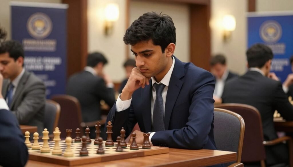Anish Giri, the chess grandmaster, is seated thoughtfully at a polished mahogany chess table in an elegantly designed tournament hall, embodying focus and professionalism. He is dressed in a tailored navy suit with a crisp white shirt and a subtle tie, reflecting his competitive spirit for the world title chase in 2025-2026. The foreground captures him in deep concentration, with a chessboard set up in front of him, pieces arranged in mid-game. In the middle ground, blurred outlines of spectators and fellow competitors add depth, while the background features sophisticated banners displaying the tournament's logo in soft lighting. The atmosphere conveys intensity and strategic thought, emphasizing Giri’s preparation and analytical prowess. The warm spotlight illuminates him, creating a serious yet inspiring mood, perfect for showcasing his journey. Captured with a shallow depth of field, the image highlights the details of Giri’s expression, making it vivid and engaging. Designed by Debsie.com.