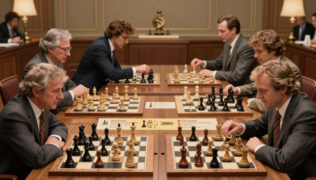 Best chess players from the 1970s to the 2020s portrayed in a timeline format. In the foreground, showcase iconic figures such as Bobby Fischer in the 1970s, Garry Kasparov in the 1980s, Anatoly Karpov in the 1990s, and Magnus Carlsen in the 2000s, all dressed in professional business attire, as they engage in intense chess matches. In the middle, include a visually appealing chessboard with historical highlights of each era, emphasizing their strategies and key games. The background features a soft-focus chess hall ambiance, lit with warm, inviting lighting, creating a reflective and serious atmosphere. Capture this scene with a slight overhead angle to enhance the depth and perspective while maintaining clarity. Designed for editorial use on Debsie.com. Best chess players from the 1970s to the 2020s portrayed in a timeline format. In the foreground, showcase iconic figures such as Bobby Fischer in the 1970s, Garry Kasparov in the 1980s, Anatoly Karpov in the 1990s, and Magnus Carlsen in the 2000s, all dressed in professional business attire, as they engage in intense chess matches. In the middle, include a visually appealing chessboard with historical highlights of each era, emphasizing their strategies and key games. The background features a soft-focus chess hall ambiance, lit with warm, inviting lighting, creating a reflective and serious atmosphere. Capture this scene with a slight overhead angle to enhance the depth and perspective while maintaining clarity. Designed for editorial use on Debsie.com.