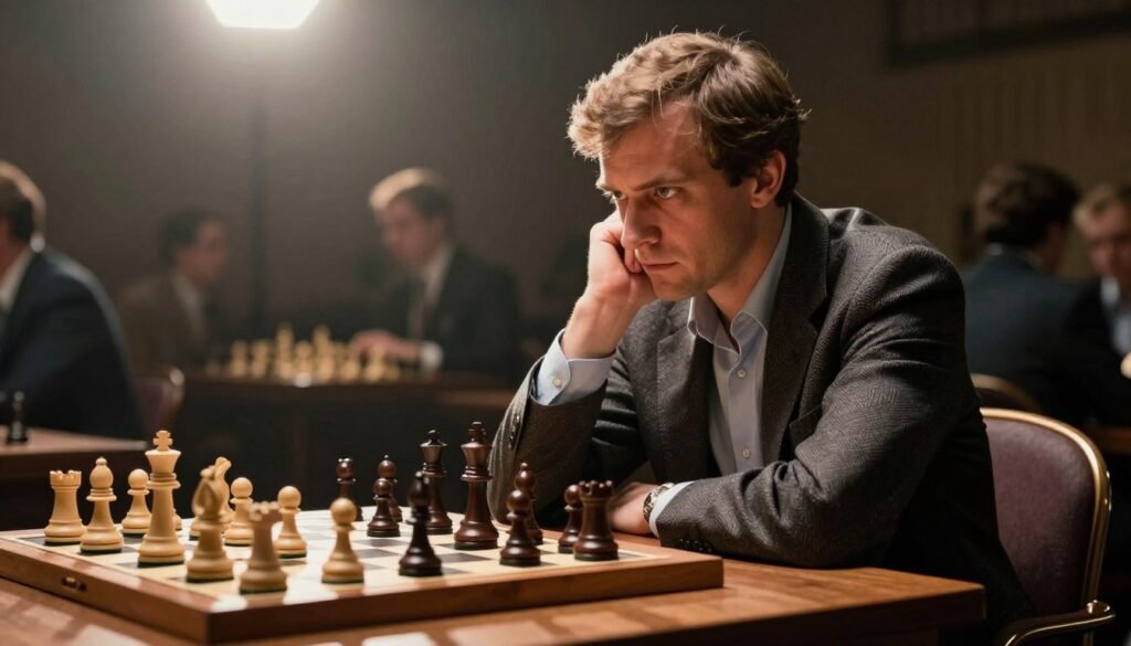Bobby Fischer, the legendary American chess champion, sitting at a wooden chess table with an intense expression, dressed in a smart casual blazer and shirt. The foreground captures him in a thoughtful pose, contemplating his next move, with chess pieces scattered across the board. In the middle ground, a dramatic spotlight illuminates him, contrasting against a muted, dark background that hints at a crowded chess tournament atmosphere. The lighting casts deep shadows, emphasizing the determination in his eyes. The angle is slightly tilted to add a dynamic effect, portraying the tension of the game. The overall mood is one of concentration and genius, reflecting Fischer's peak dominance in chess history. The image should align with the brand identity of Debsie.com, portrayed in a professional and respectful manner. Bobby Fischer, the legendary American chess champion, sitting at a wooden chess table with an intense expression, dressed in a smart casual blazer and shirt. The foreground captures him in a thoughtful pose, contemplating his next move, with chess pieces scattered across the board. In the middle ground, a dramatic spotlight illuminates him, contrasting against a muted, dark background that hints at a crowded chess tournament atmosphere. The lighting casts deep shadows, emphasizing the determination in his eyes. The angle is slightly tilted to add a dynamic effect, portraying the tension of the game. The overall mood is one of concentration and genius, reflecting Fischer's peak dominance in chess history. The image should align with the brand identity of Debsie.com, portrayed in a professional and respectful manner.