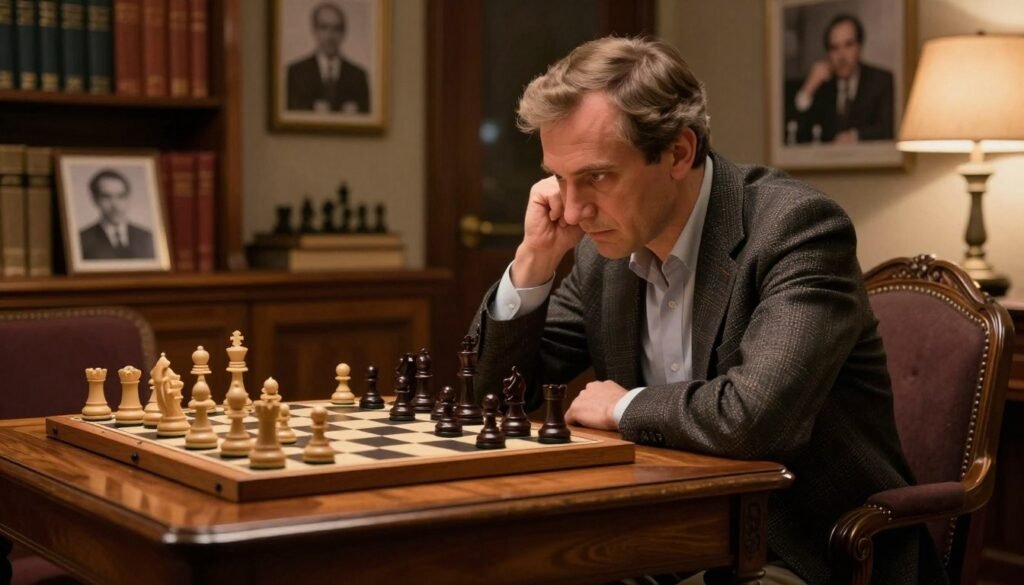 Bobby Fischer, the legendary American chess grandmaster, deeply engrossed in a classic chess match, seated at a beautifully crafted wooden chess table. The foreground captures his intense concentration, with his piercing eyes focused on the board, dressed in a smart casual blazer and trousers. The middle ground features a traditional chess setup, with finely detailed pieces in mid-game, shadows casting across the board, highlighting the strategic depth of chess. In the background, a soft-focus library filled with books on chess history and framed photographs of legendary matches, evoking a sense of rich tradition in the game. Warm, ambient lighting from a nearby lamp creates a nostalgic and contemplative atmosphere, reflecting both Fischer's legacy and the modern appreciation of chess at Debsie.com. Bobby Fischer, the legendary American chess grandmaster, deeply engrossed in a classic chess match, seated at a beautifully crafted wooden chess table. The foreground captures his intense concentration, with his piercing eyes focused on the board, dressed in a smart casual blazer and trousers. The middle ground features a traditional chess setup, with finely detailed pieces in mid-game, shadows casting across the board, highlighting the strategic depth of chess. In the background, a soft-focus library filled with books on chess history and framed photographs of legendary matches, evoking a sense of rich tradition in the game. Warm, ambient lighting from a nearby lamp creates a nostalgic and contemplative atmosphere, reflecting both Fischer's legacy and the modern appreciation of chess at Debsie.com.