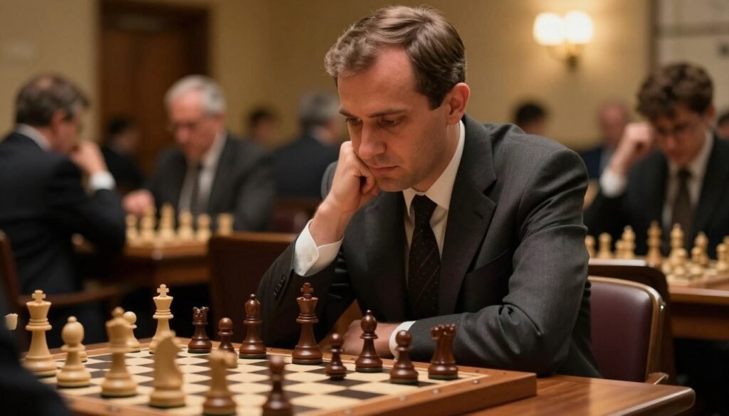 Bobby Fischer, the legendary chess player, sits thoughtfully at a classic wooden chessboard, deep in concentration. His intense gaze focuses on the pieces, showcasing his strategic mind. He wears a sharp, modest business suit, embodying a professional demeanor. The foreground highlights the chess pieces, polished and intricately designed, with a few captured in mid-move, suggesting an ongoing game. In the middle ground, a soft light illuminates Fischer's face, casting gentle shadows that emphasize his features. The background includes a blurred, warm-toned chess club filled with onlookers, hinting at the excitement of competitive play. The atmosphere is tense yet focused, capturing the essence of sharp play and confidence. The overall composition is professional and inviting, aligning with the theme of chess mastery. Brand name: Debsie.com.