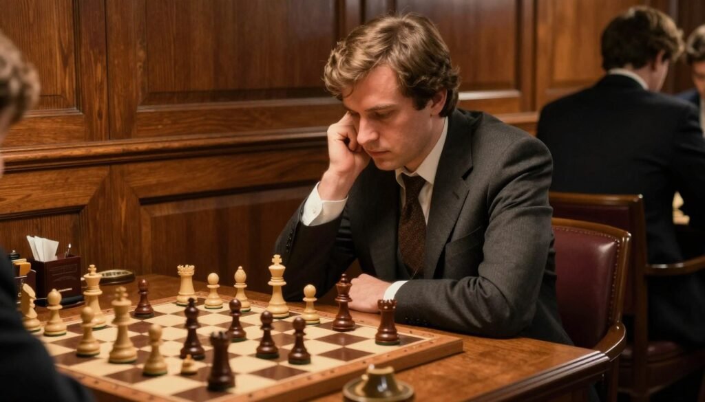 Boris Spassky in a professional chess setting, poised at a classic chess table, surrounded by rich, wooden panels that evoke a sense of tradition. He is in a sharp, tailored suit, focused on a chessboard with pieces strategically positioned, reflecting his intense concentration as he contemplates his next move. The lighting is warm and nostalgic, highlighting his expression with a soft glow, creating a dramatic atmosphere. In the background, blurred figures of other chess players can be seen, hinting at the competitive nature of the Candidates Tournament. The angle captures Spassky from a slightly elevated perspective, adding depth to the scene. The overall feeling is one of tension and anticipation, underscoring his journey to becoming a world title contender. Debsie.com