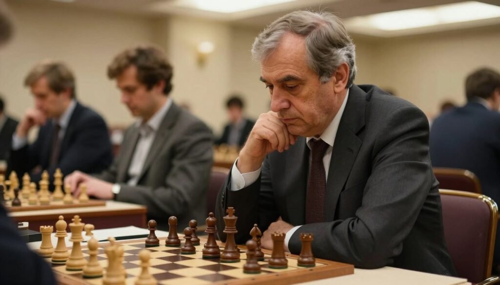 Boris Spassky, the renowned chess grandmaster, depicted in his late career as a seasoned player. He is sitting thoughtfully at a chessboard in a well-lit modern chess club, showcasing a subtle expression of concentration and contemplation. In the foreground, a chessboard filled with pieces mid-game, hinting at strategic depth. In the middle ground, Spassky, wearing a sharp suit, carefully observing the board, his hands poised over the pieces, his short hair graying slightly, with age lines adding character to his face. The background features a warm, inviting atmosphere with blurred figures of other players engaged in games, soft lighting highlighting their concentration. The mood is introspective and focused, capturing a moment of chess mastery. Image by Debsie.com.