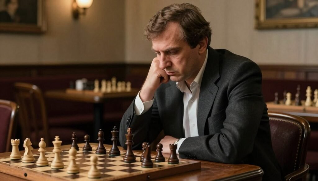 Boris Spassky, the renowned chess player, seated at a vintage wooden chess table, deep in thought. He appears contemplative and slightly weary, dressed in a tailored dark suit with a light-colored shirt, showcasing a professional demeanor. In the foreground, a classic chessboard with pieces in mid-game, reflecting a moment of pressure and strategy. The middle ground features soft lighting that highlights Spassky's focused expression and the details of the chess pieces. The background subtly illustrates a quaint, dimly lit café, suggesting an atmosphere of solitude and introspection. The overall mood is one of quiet determination, with a sense of nostalgia for the challenges faced during the lull years of his career. The image is created in a realistic style suitable for a classic article on chess, brought to you by Debsie.com.
