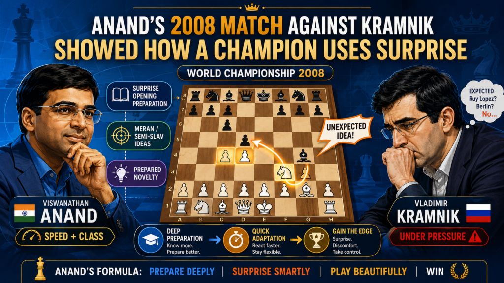 The 2008 World Championship match against Vladimir Kramnik was one of Anand’s greatest career moments. FIDE’s own profile of Anand says he defended his title by beating Kramnik 6.5 to 4.5 in Bonn. Britannica also records that Anand sealed the match after drawing game 11, finishing with 3 wins, 7 draws, and 1 loss.