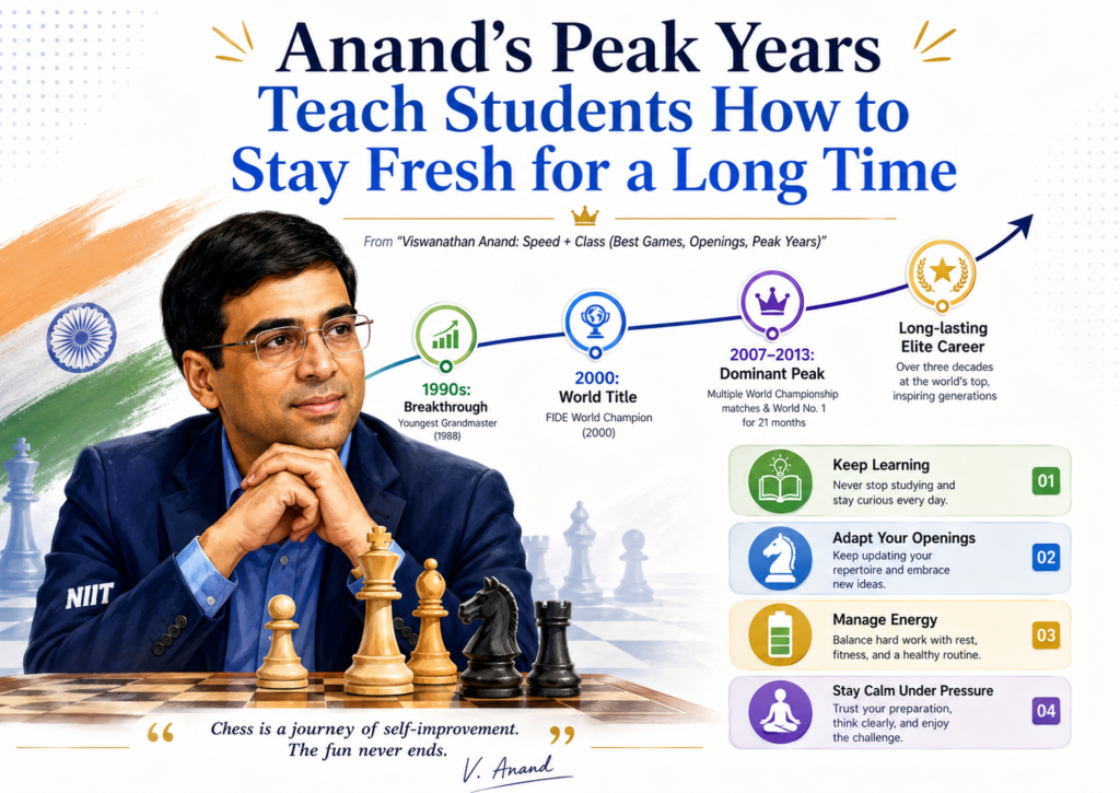 He stayed near the top for many years, played world championship matches, defended his title, and kept facing new generations. Britannica notes that Anand won world championship titles in 2000, 2007, 2008, 2010, and 2012, and was known for quick tactical calculation and speed chess strength.