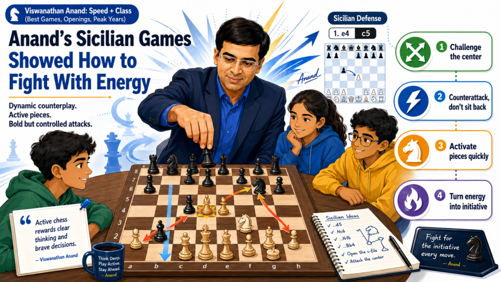 The Sicilian Defense begins after 1.e4 c5. It is one of the most famous fighting openings in chess. Anand played many sharp and rich positions connected to Sicilian structures during his career. This opening suited his gift for speed, tactics, and active piece play.