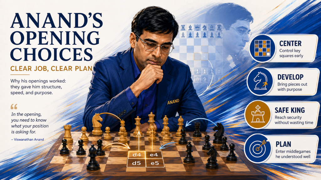 Anand did not treat openings like a memory test. He treated them like a way to reach a position he wanted to play. This is one big reason his games are so helpful for students. His openings were not empty moves. They had a job.
