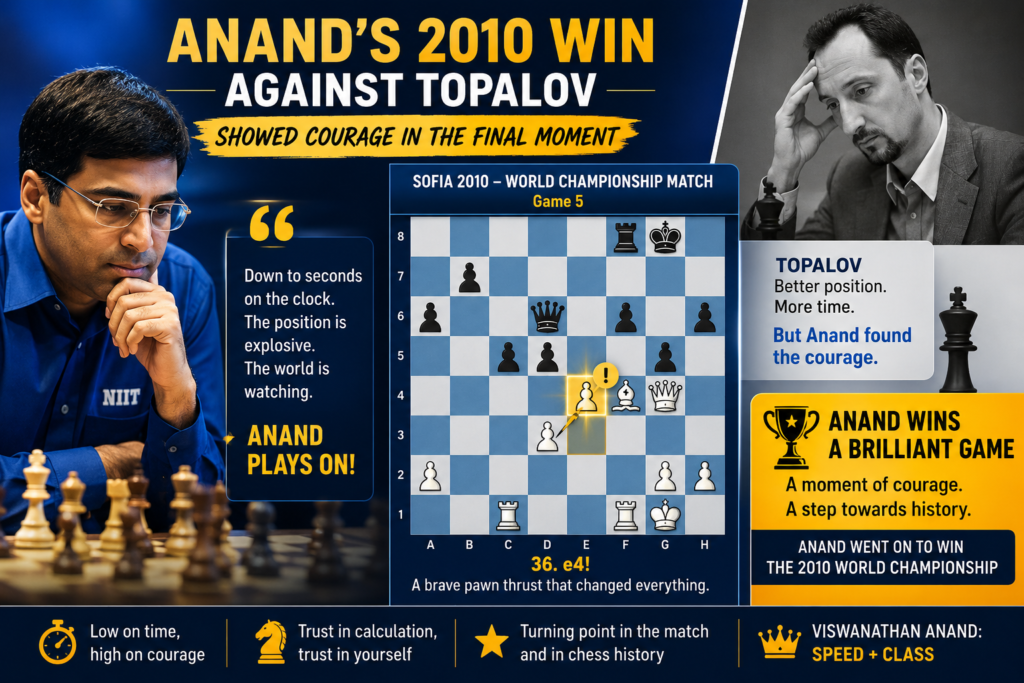 The 2010 World Championship match against Veselin Topalov was full of stress. It was played in Sofia, Bulgaria, and the match went all the way to the final classical game. Anand won Game 12 and kept his world title with a 6.5 to 5.5 match score. That final win is one of the best examples of his courage under pressure.