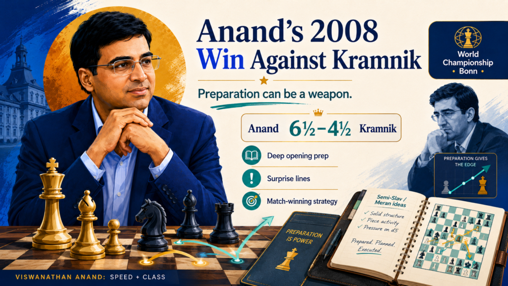 Kramnik was known for deep opening knowledge, strong defense, and clean positional play. Beating him was not easy. In Game 5, Anand won with Black in a Semi-Slav Defense, and that win became one of the key moments of the match.