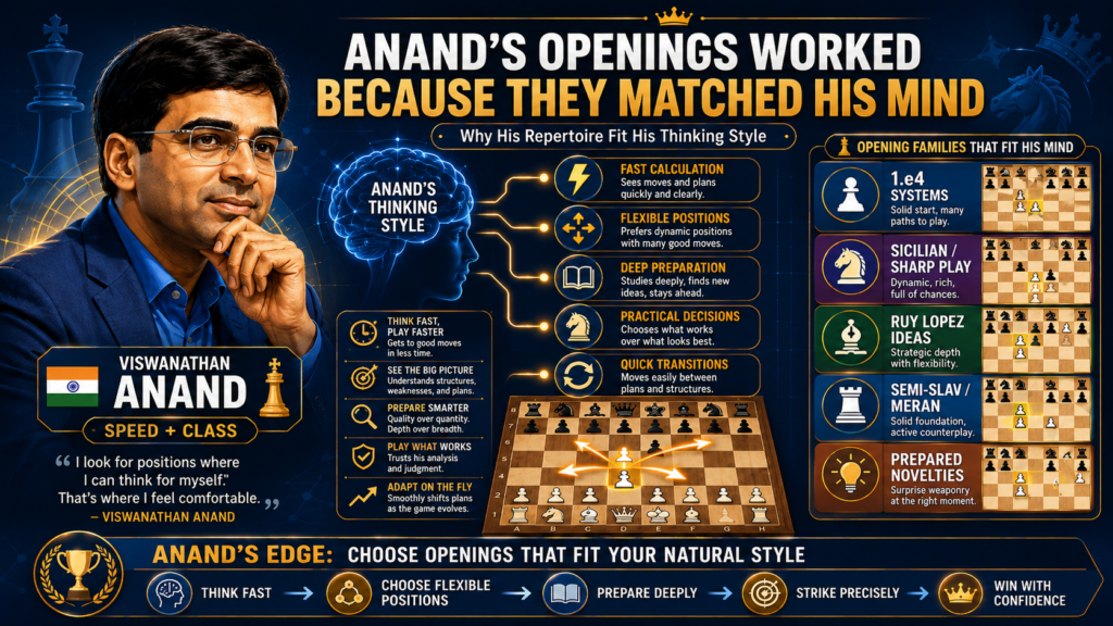 He could enter sharp lines and still keep control. He could play quiet positions and still find hidden energy. This is why his opening choices changed over time, but his style still felt like Anand.