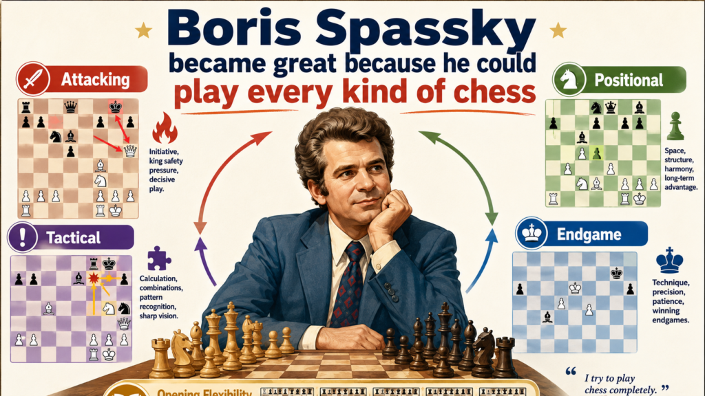 Boris Spassky is one of the best examples of a player who did not trap himself inside one style. Some champions are known for attack. Some are known for defense. Some are known for deep plans. Some are known for endgames. Spassky could do all of it. That is why the title “The Complete Player” fits him so well.