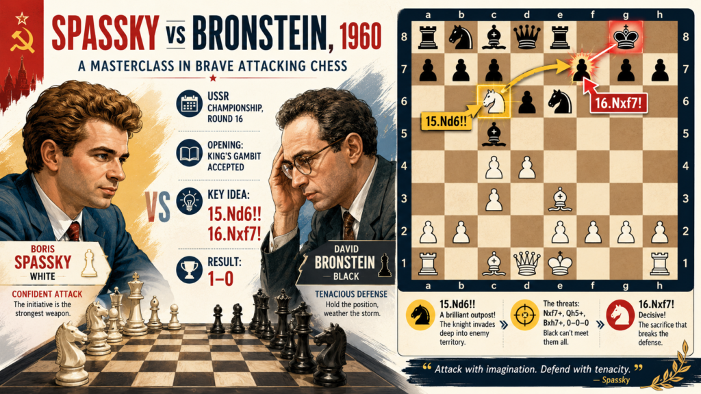 One of Spassky’s most loved games is his 1960 win against David Bronstein in the USSR Championship. The game is famous because Spassky played the King’s Gambit, an opening where White gives a pawn early to build fast activity.