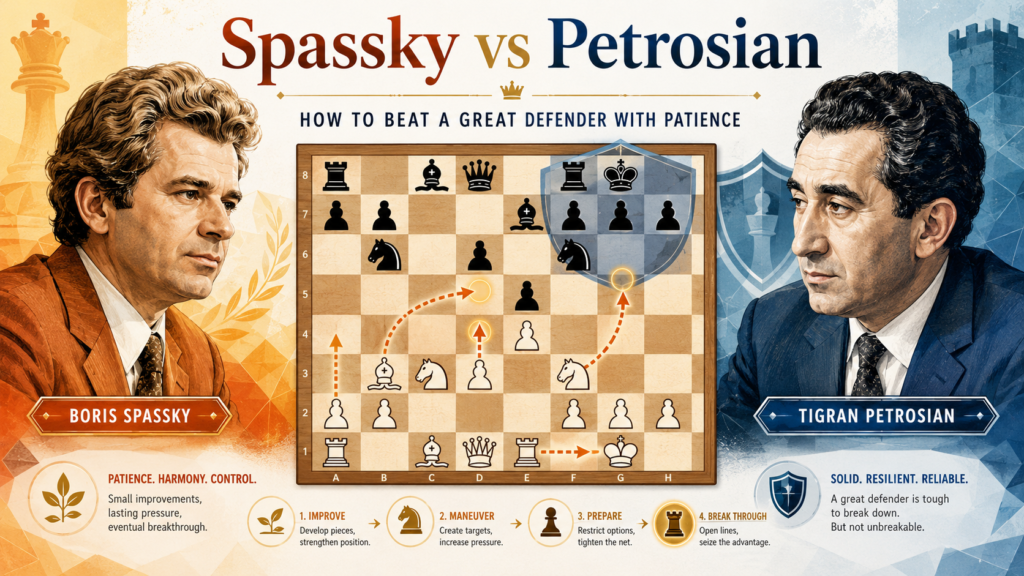 Spassky’s world title win over Tigran Petrosian is one of the most important parts of his chess story. Petrosian was not easy to beat. He was known for deep defense, safety, and stopping the other player’s plans before they became dangerous.