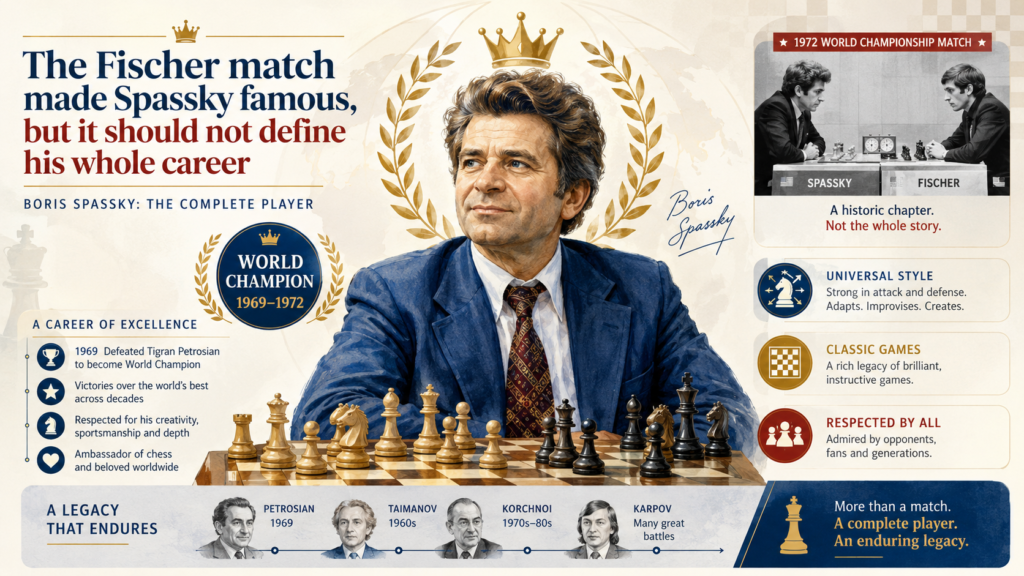 Many people know Spassky mainly because of the 1972 match against Bobby Fischer. That match was huge. It was played in Reykjavik during the Cold War, and many people saw it as more than chess.