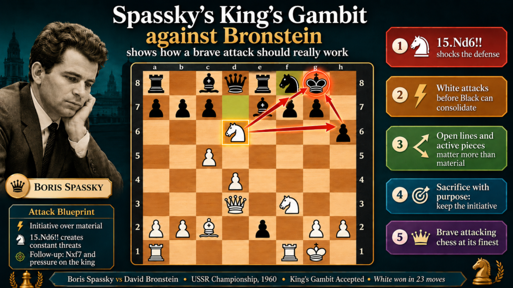 One of the best games to study first is Boris Spassky against David Bronstein from the 1960 USSR Championship. This game is famous because Spassky used the King’s Gambit, an old and bold opening where White gives up a pawn early to get fast play.