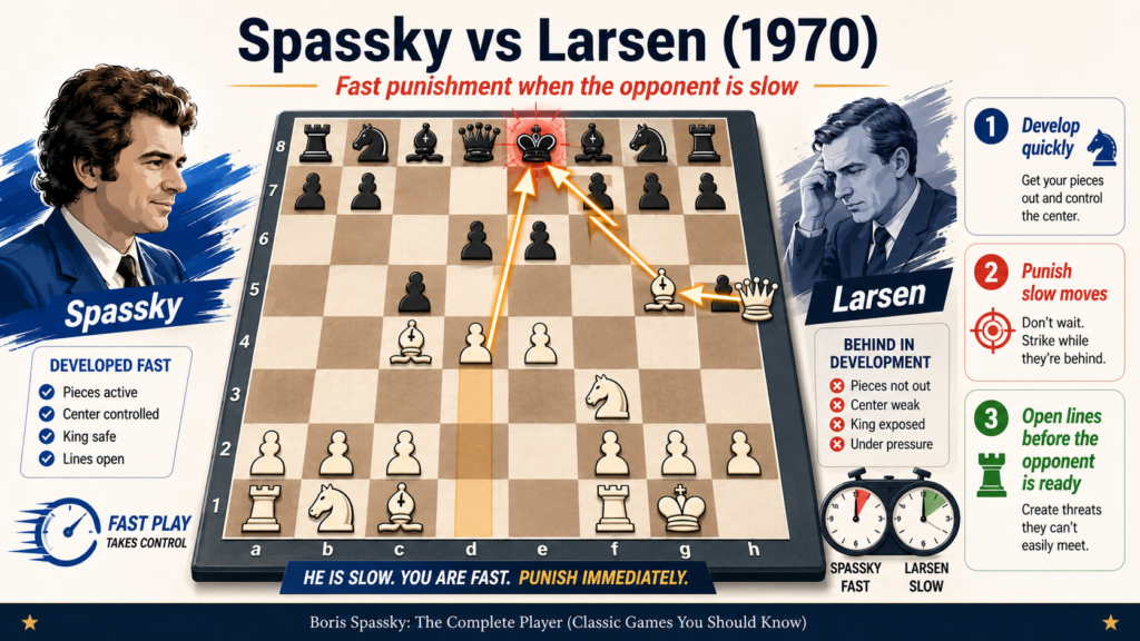 Another classic game every chess student should know is Bent Larsen against Boris Spassky from the 1970 USSR versus Rest of the World match in Belgrade. Larsen opened with the Nimzo-Larsen Attack, starting with 1.b3, and Spassky answered with great energy.