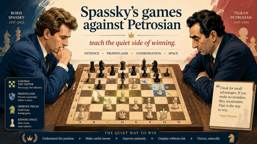 If the Bronstein game teaches bold attack and the Larsen game teaches active punishment, Spassky’s games against Tigran Petrosian teach something quieter. They teach how to build pressure against a player who is hard to break.