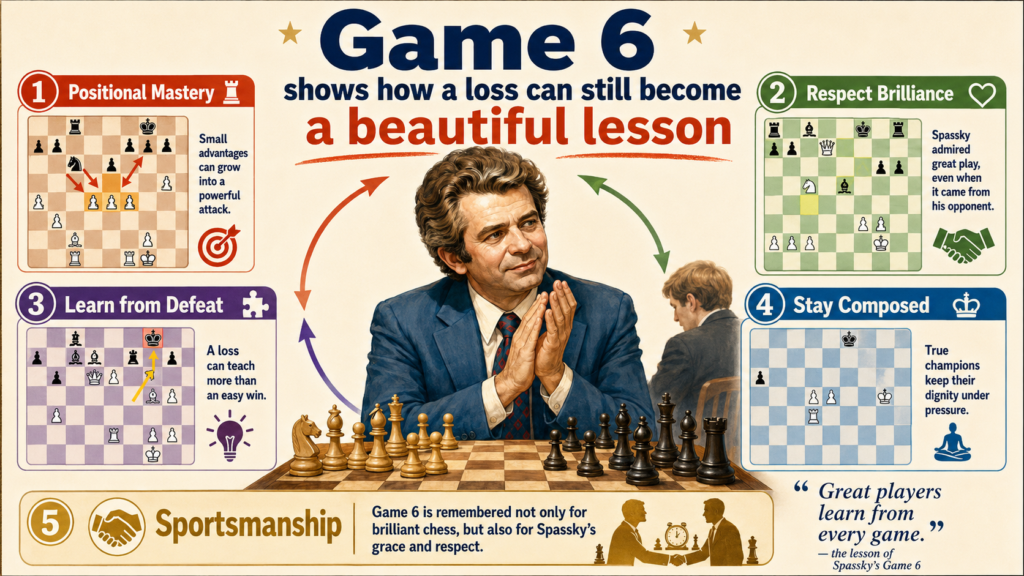 He surprised many people by starting with 1.c4, and the game moved into a Queen’s Gambit Declined structure. The match record lists Game 6 as Fischer versus Spassky, with Fischer winning from the White side in the Queen’s Gambit Declined Tartakower line.