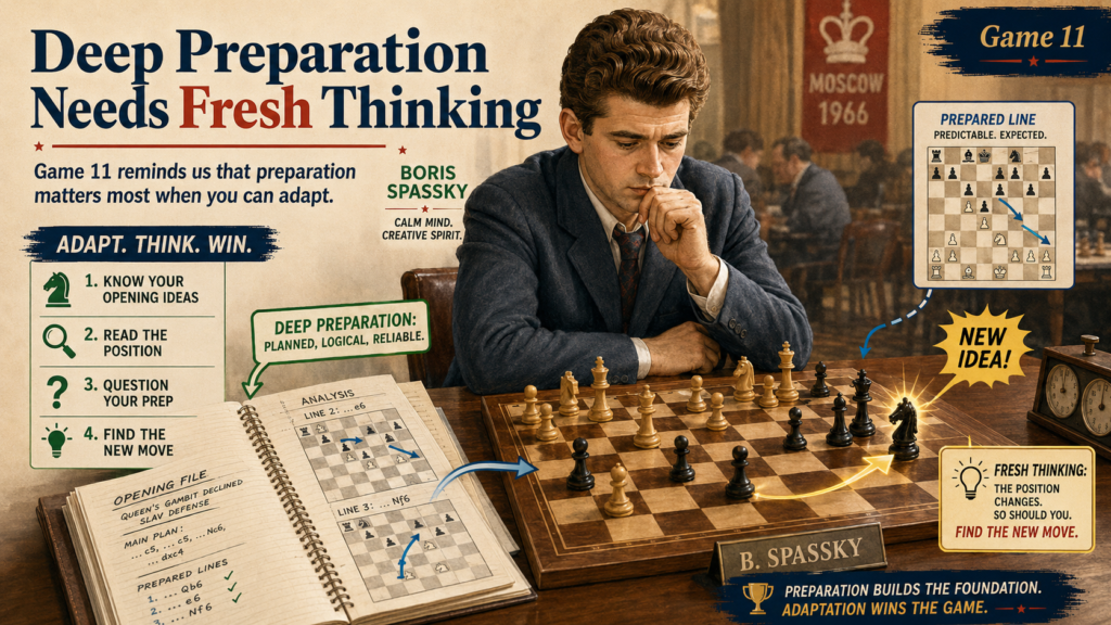 Spassky’s win in Game 11 is one of the most important moments of the 1972 match. The game opened with the Sicilian Najdorf, and Fischer used the sharp Poisoned Pawn Variation. The match record notes that Spassky played the surprising knight retreat 14.Nb1, and after Fischer failed to find the best defense, Spassky trapped Fischer’s queen and won.