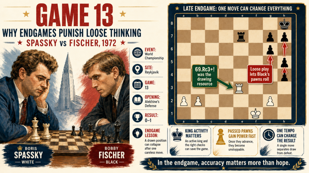 Game 13 of the 1972 match was another famous Fischer win, this time with Black. The match record lists it as Spassky versus Fischer, with Fischer winning in an Alekhine’s Defense Modern line. 