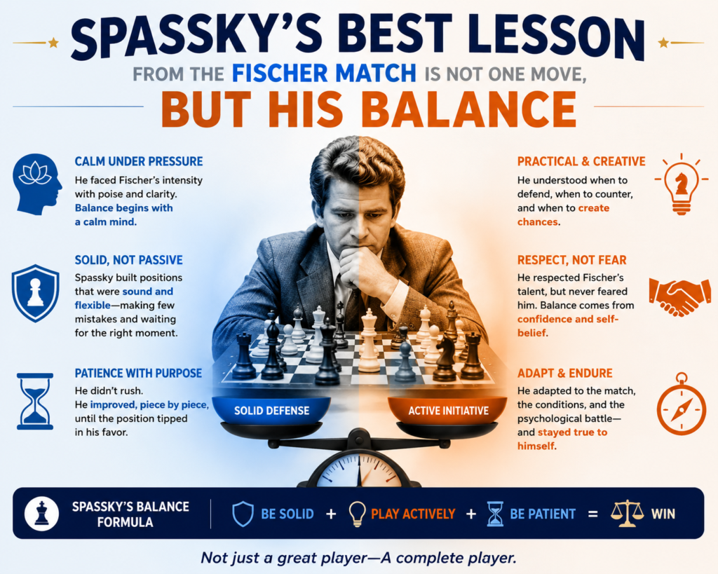 But Spassky’s role should not be reduced to “the player who lost.” He was the champion who faced huge pressure, won important games, showed class, and left behind lessons that students can still use today.