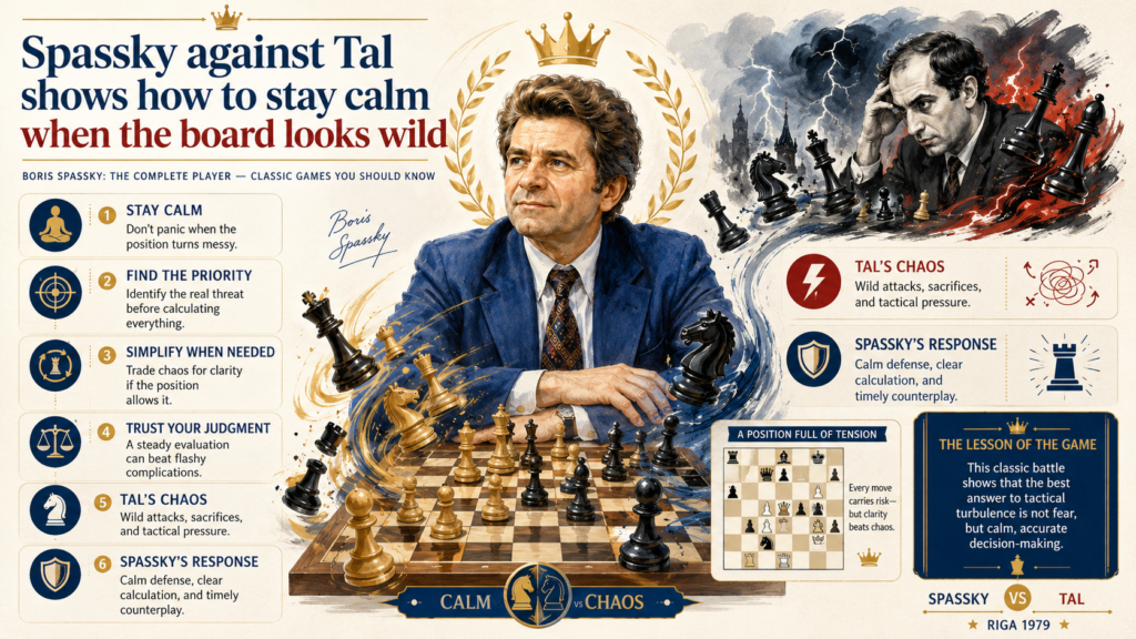Mikhail Tal was one of the scariest attacking players in chess history. He loved danger. He loved messy positions. He could make the board feel like a storm. So when Spassky faced Tal in the 1965 Candidates Final, the match tested more than chess skill.