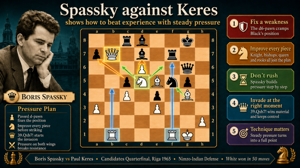 Spassky faced him in the 1965 Candidates Quarterfinal, and the match became a key step in Spassky’s rise toward the world championship stage. ChessGames lists the Spassky versus Keres Candidates Quarterfinal from 1965, with several decisive games for both sides across the match.