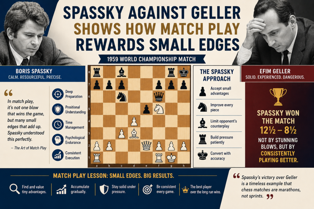 Efim Geller was a dangerous opponent with strong opening knowledge and deep understanding. Spassky met Geller in the 1965 Candidates Semifinal in Riga. A match table from RusChess records Spassky winning that match 5.5 to 2.5, with two wins by Spassky and no wins by Geller.