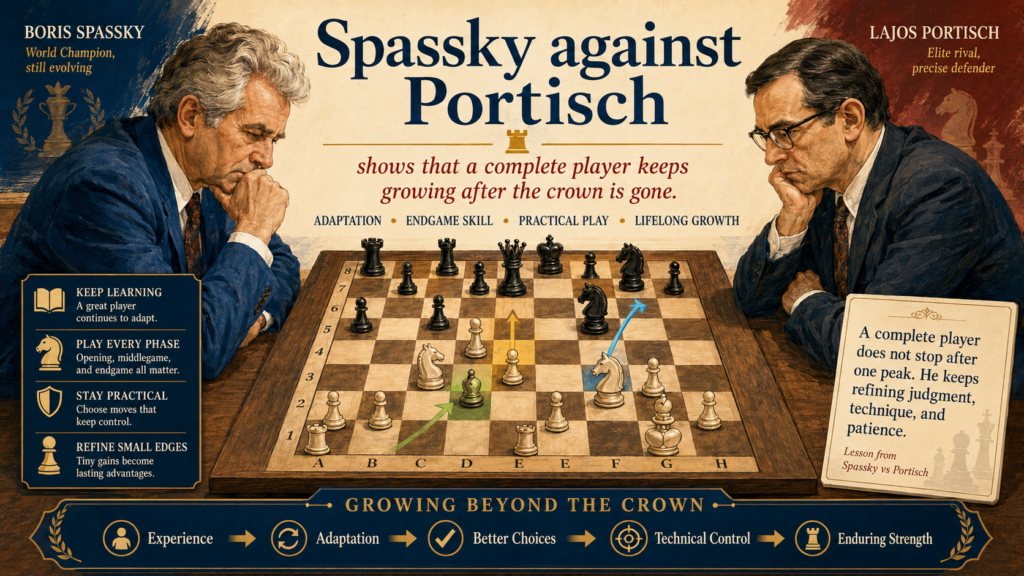 One useful example is his Candidates match period in 1977 against Lajos Portisch, another very strong grandmaster. ChessGames records Boris Spassky versus Lajos Portisch from 1977, and 365Chess also lists Portisch versus Spassky games from the 1977 Candidates Semifinal.