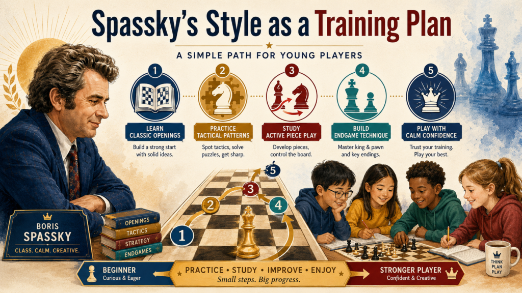 Spassky’s games can look deep, but the training lesson does not have to feel hard. He was a complete player because he built many skills at the same time. He did not depend on one trick, one opening, or one kind of position. He learned how to attack, defend, plan, trade, wait, and finish games with care.