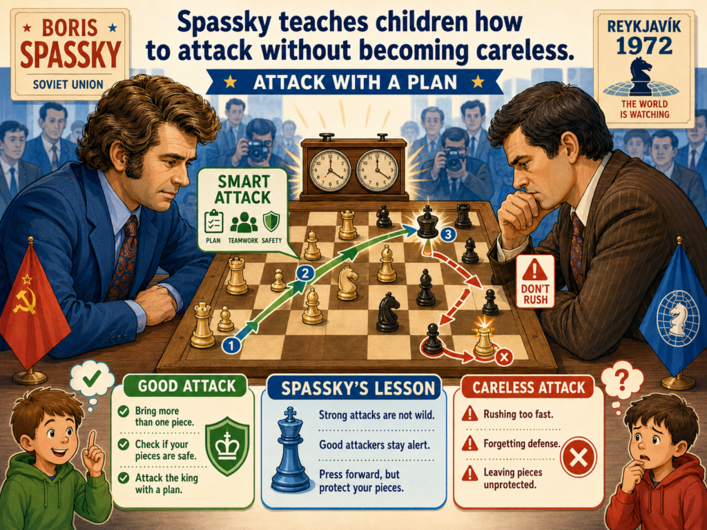 Spassky’s attacking games are exciting because they feel full of life. But the real value is not only the final checkmate or the big sacrifice. The real value is the way he prepared the attack. He brought pieces into play. He opened lines. He created targets. He did not just hope something would happen.