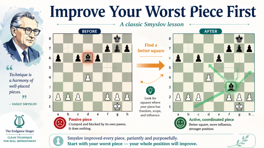 One of the best ways to understand Smyslov is to look at how he treated bad pieces. He did not always rush to attack the king. He often asked a very simple question first: which piece is not helping?