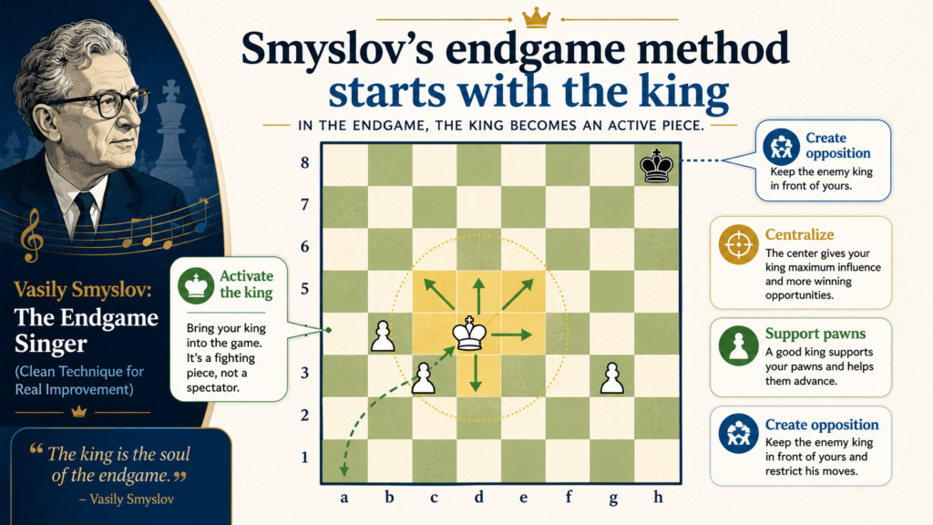 Many beginners think the king is only a piece to protect. In the opening and middlegame, that is mostly true. But in the endgame, the king becomes a fighting piece. Smyslov understood this deeply. He often brought his king forward at the right time, not too early and not too late.