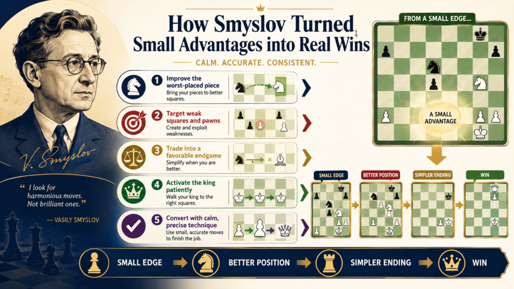 Smyslov did not need a huge lead to win a chess game. He could take one small plus and grow it slowly. Maybe he had a safer king. Maybe his bishop was a little better than the other bishop. Maybe one pawn was weak. Maybe his rook had a better file.