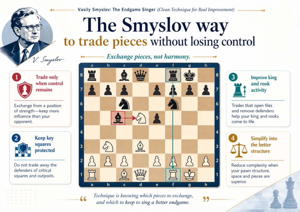 Many students trade pieces just because they can. They see a capture, so they make it. But in strong chess, every trade must have a reason. Smyslov was excellent at choosing which pieces to keep and which ones to remove.