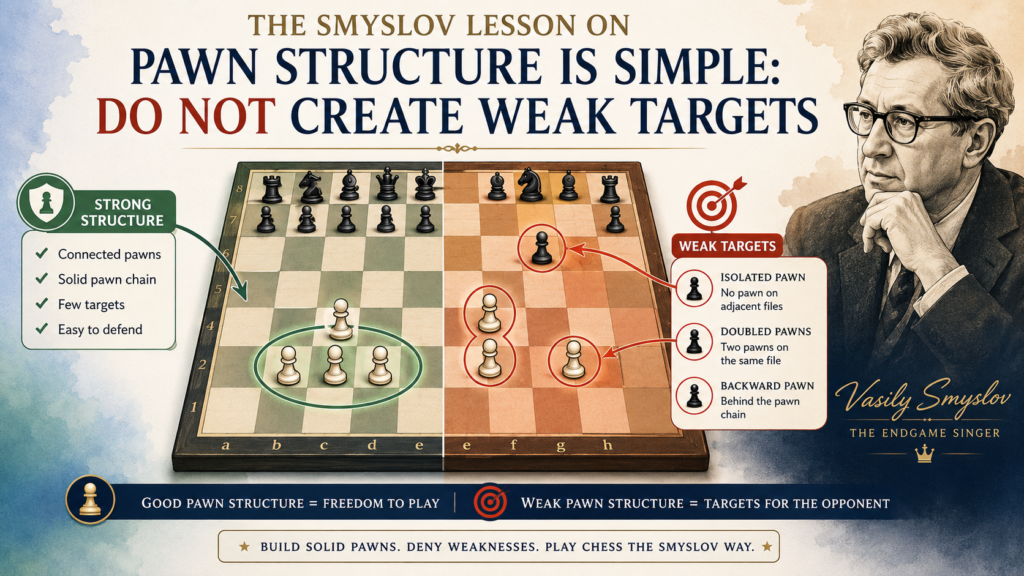 Pawns are small, but they shape the whole game. They decide where pieces can move. They decide which files open. They decide which squares become weak. Smyslov understood pawns beautifully. He did not push them just to feel active. He pushed them when they helped his pieces or fixed a long-term problem.